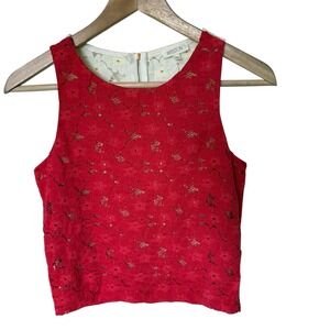 Weston Lace Crop Top Women XS Red White Excellent Colorblock Sleeveless Zipper